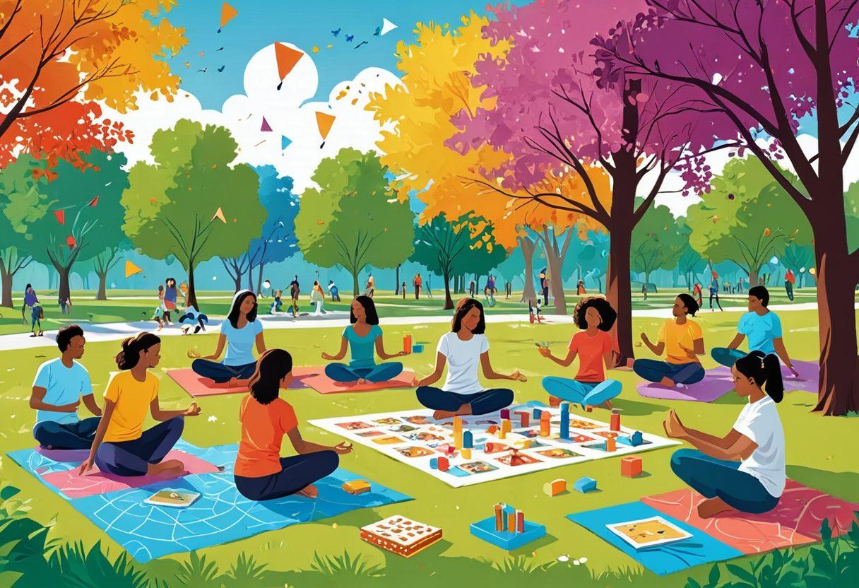 A vibrant, lively scene showcasing a variety of fun activities and games; a group of friends playing board games, two people engaging in a thrilling video game session, someone painting a colorful canvas, another person practicing yoga, and kids happily flying kites in a park. The setting should be a bright, sunny day with lush greenery and clear blue skies. The image should radiate happiness, excitement, and the essence of leisure time. vector art. vibrant colors. white background.