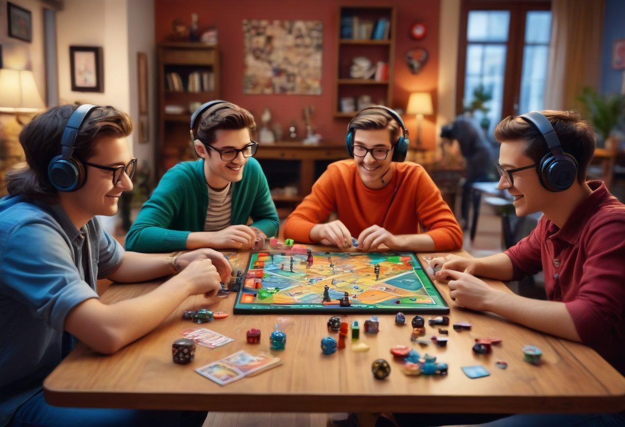 A lively scene of friends gathered around a table playing a board game, with laughing faces and animated gestures. Nearby, children are engaged in a colorful video game on a large screen, while others play with AR/VR headsets. The background is filled with diverse playful elements like dice, game controllers, cards, and playful toys, all adding to the sense of fun and excitement. super-realistic. vibrant colors. dynamic composition.