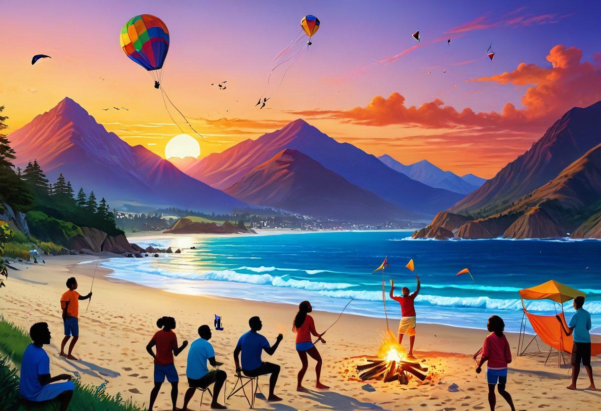 A vibrant scene featuring various recreational activities such as hiking in mountains, playing beach volleyball, flying a kite, and people laughing around a campfire. The background showcases a scenic sunset over lush landscapes and a calm ocean. Include people of diverse ages and ethnicities enjoying themselves. The overall mood should be joyous and lively. super-realistic. vibrant colors.